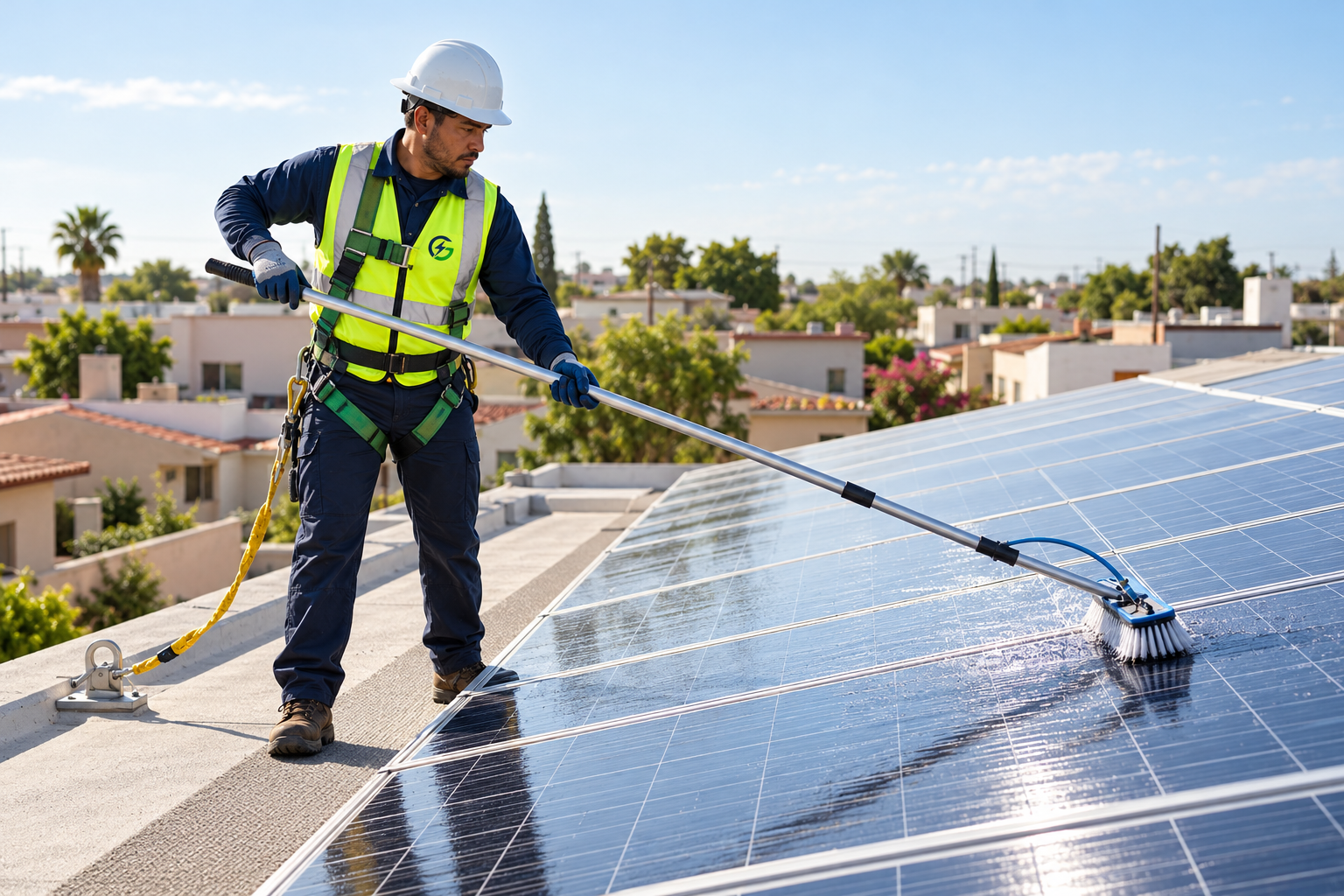 Imagen ilustrativa de un técnico con equipo de protección limpiando paneles solares